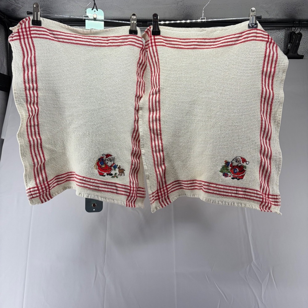 Vintage Christmas Santa Claus Waffle Weave Kitchen Towels Red White Set of 2